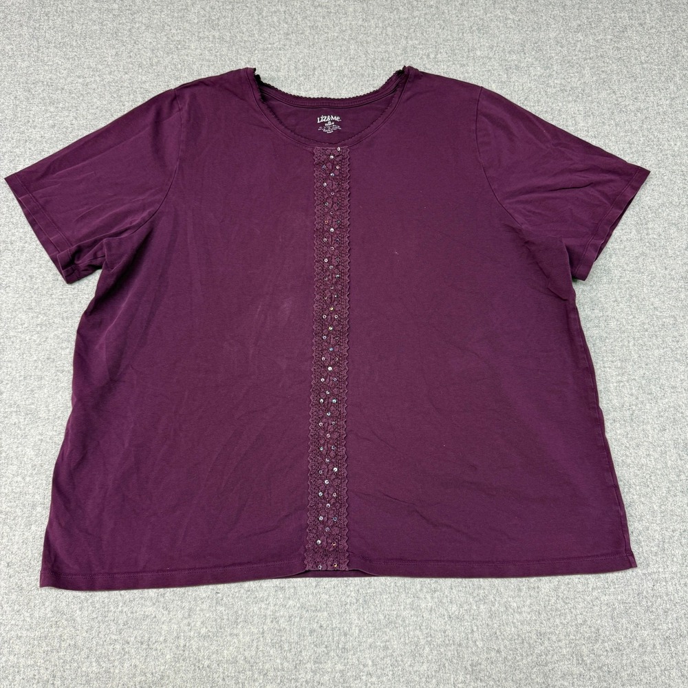 Liz & Me T-Shirt Top 2X 22/24W Purple Crochet Lace Sequin Short Sleeve Plus Size